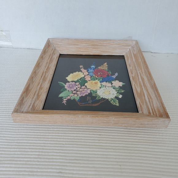 Embroidered Floral Tapestry 13x11 Glass Framed Handmade Needlepoint Cottagecore - Picture 4 of 7